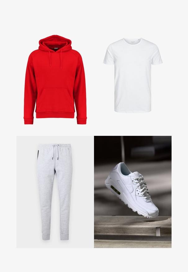 Sweat à capuche rouge en tissu doux, avec une poche avant, un cordon de serrage à la capuche et des poignets et un ourlet côtelés. Design simple sans logos visibles.; T-shirt à col rond à manches courtes de couleur blanche unie, fabriqué en coton doux, avec un design simple sans motifs ni accents visibles.; Pantalon de jogging slim gris clair avec taille élastique, cordon blanc, poches latérales et chevilles resserrées.; Baskets blanches en cuir avec des surfaces texturées, un col rembourré et un amorti d'air visible dans la semelle. Elles possèdent des lacets et un design minimaliste.
