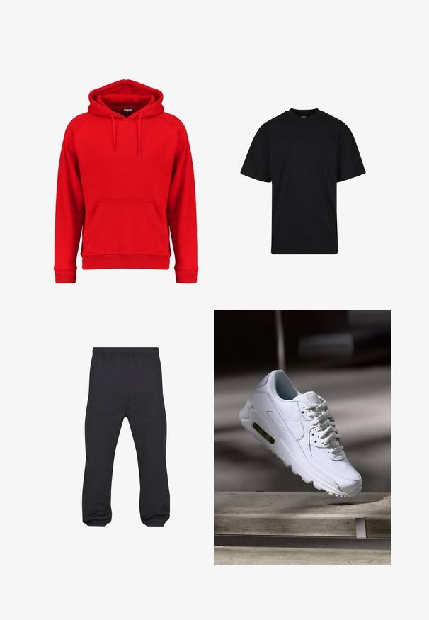 Rød hættetrøje lavet af blødt stof, med en frontlomme, snoretræk i hætten og ribbet manchetter og kant. Enkel design uden synlige logoer.; Sort T-shirt med korte ærmer og rund hals, afslappet pasform, ensfarvet design uden synlige logoer eller mønstre.; Sorte joggingbukser med elastisk taljebånd og elastiske manchetter, lavet af et blødt, glat stof, vist fladt forfra.; Hvide lædersneakers med teksturerede overflader, polstret krave og synlig luftpolstring i sålen. Har snørrebånd og et minimalistisk design.
