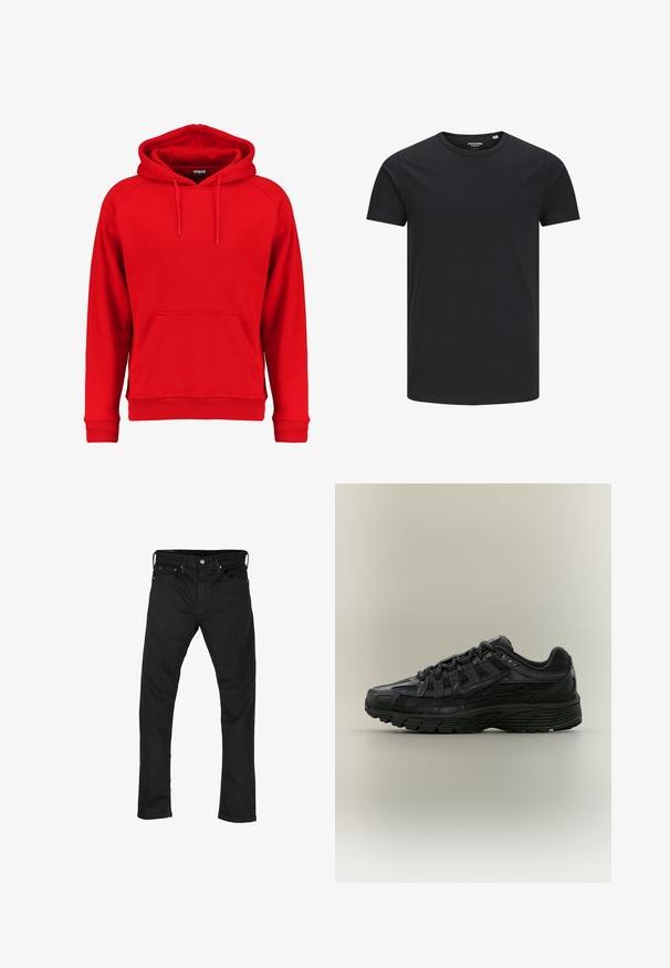 Rød hættetrøje lavet af blødt stof, med en frontlomme, snoretræk i hætten og ribbet manchetter og kant. Enkel design uden synlige logoer.; Sort bomulds T-shirt med rund hals, korte ærmer og et enkelt design. Glat tekstur, ingen mønstre eller synligt tilbehør.; Sorte denim jeans med lige ben-design, fem-lomme stil og metalknaplukning. Glat tekstur og ensartet farve hele vejen igennem.; Sort Nike løbesko med mesh og syntetisk overdel, snørelukning og tekstureret sål, vist fra venstre side på en ensfarvet baggrund.
