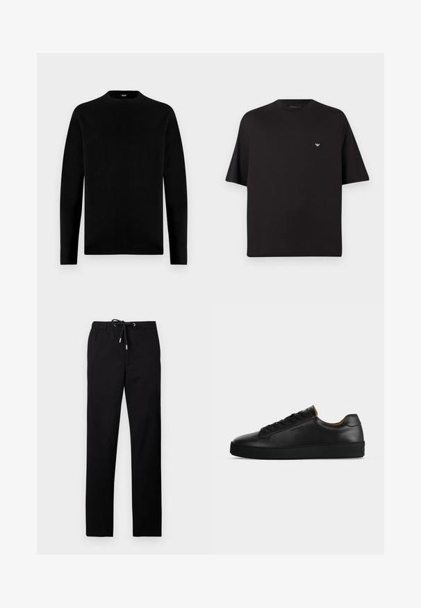 Sort langærmet trøje med rund hals og et enkelt, ensfarvet design samt et lille mærke indeni kraven.; Sort T-shirt med korte ærmer og rund hals, med lille hvid Emporio Armani ørn-logo centreret på brystet mod en grå baggrund.; Sorte bukser lavet af letvægtsstof, med elastisk taljebånd og snøre, lige ben og sidelommer.; Sort lavtopet læder-sneaker med sorte snørebånd, tekstureret gummisål og lille præget logo på siden, vist i profil mod grå baggrund.