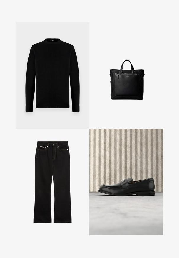 Sort langærmet trøje med rund hals og et enkelt, ensfarvet design samt et lille mærke indeni kraven.; Sorte jeans med lige ben, orange syning, fem lommer, knaplukning og et lille Calvin Klein-mærke på den forreste højre lomme.; Sort læderloafer med metalbrandskilt hvilende nær et brunt rundt bord på beige tæppe.; Sort taske med dobbelte håndtag, stor læderlomme foran med lynlås og diskret Calvin Klein-logo midt på lommen.