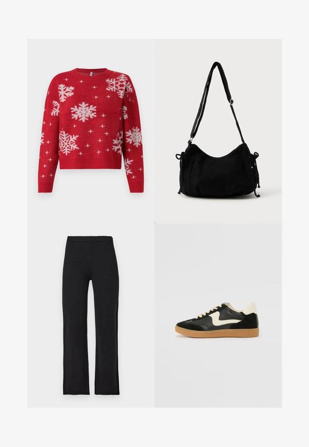 Pull rouge avec un col rond, orné de flocons de neige blancs et d'accents scintillants. Manches et ourlet côtelés, design cropped.; Pantalon droit noir en maille avec taille élastique, présenté à plat sur fond clair.; Baskets en daim et cuir noir avec un swoosh latéral crème et un talon crème clair. Dotées de lacets beige et d'une semelle en caoutchouc gomme.; Sac à épaule en velours côtelé noir avec une forme courbée, bandoulière réglable et fermetures à cordon des deux côtés pour un ajustement de taille.