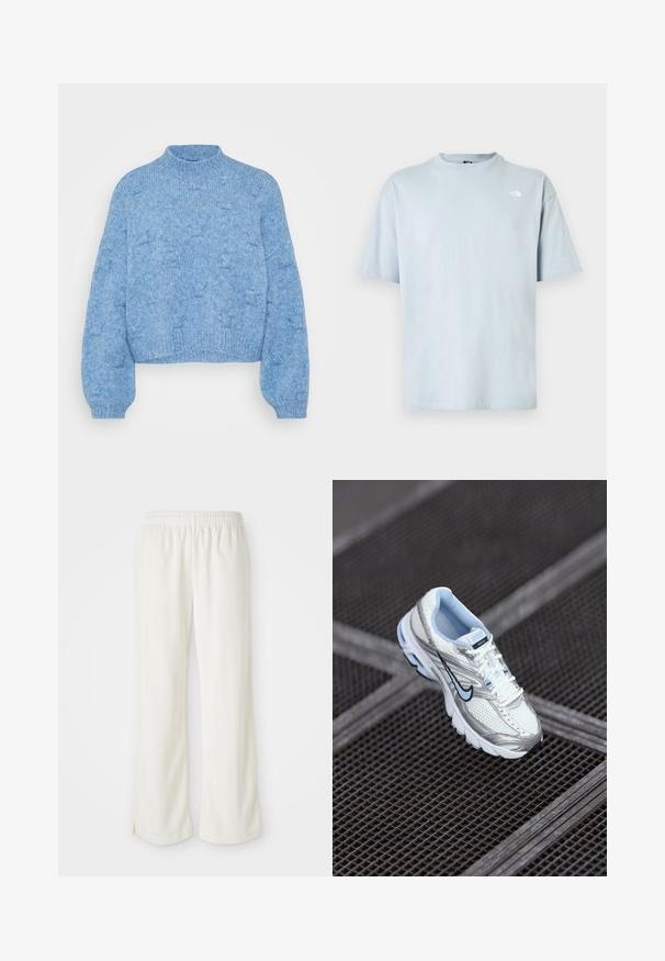 Vero Moda Petite VMGAIL HIGHNECK - Pullover - allure melange; T-shirt bleu clair à manches courtes en coton. Col rond, coupe décontractée, avec un petit logo blanc sur le côté gauche de la poitrine. Texture lisse.; Pantalon de couleur crème avec une coupe large, fabriqué en matériau léger, arborant des rayures verticales et une taille élastique.; Chaussure de sport en mesh blanche avec des accents argentés, des coutures bleu clair et un logo swoosh noir. Elle possède un col rembourré et une semelle texturée.