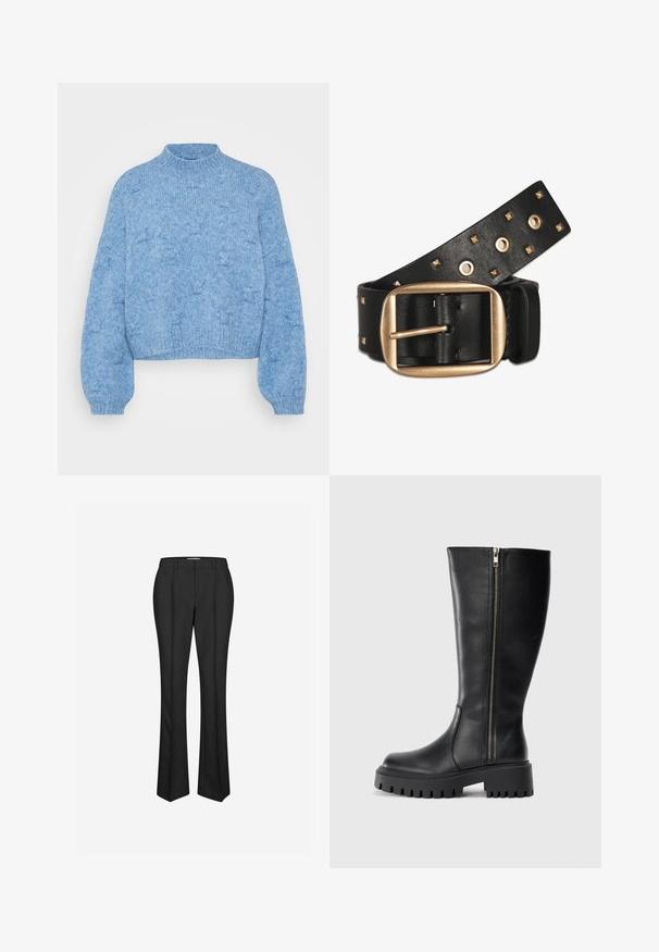Vero Moda Petite VMGAIL HIGHNECK - Pullover - allure melange; Envii AUSTION PANTS - Pantalon classique - black; Bottes noires en cuir, montantes jusqu'au genou, avec une fermeture éclair sur le côté, une finition texturée, un bout arrondi et une semelle en caoutchouc épaisse dotée d'un motif de semelle segmenté.; AllSaints PYRAMID STUD AND EYELET - Ceinture - oxford