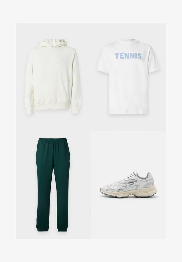 Weißer Pullover-Hoodie mit langen Ärmeln, vordertasche und dezent eingraviertem Logo auf der linken Brust.; Weißes Baumwoll-T-Shirt mit kurzen Ärmeln, auf der Brust prangt das Wort "TENNIS" in hellblauen Blockbuchstaben.; Dunkelgrüne Sweatpants mit einem elastischen Bund, seitlichen Taschen und Bündchen an den Knöcheln. Hergestellt aus einem glatten, dehnbaren Material.; Weiße Sportschuhe mit grauen Akzenten, Obermaterial aus Mesh und Synthetik, Schnürdesign und rutschfester Gummisohle mit Strukturmustern.