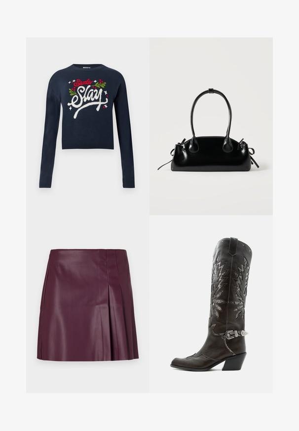 Marineblå cropped sweater med lange ærmer. Har teksten "Santa Slay" broderet i hvid, rød og grøn med misteltein accenter. Blød strikstruktur.; ONLY ONLARTZY Short - Mini skirts - mauve wine; Sort læder cowboystøvle med dekorative udskæringer, sølvspænde og skrå hæl, vist på hvid baggrund.; Lille sort blank håndtaske med to lange håndtag og snøre-detaljer i siden på en ensfarvet lys baggrund.