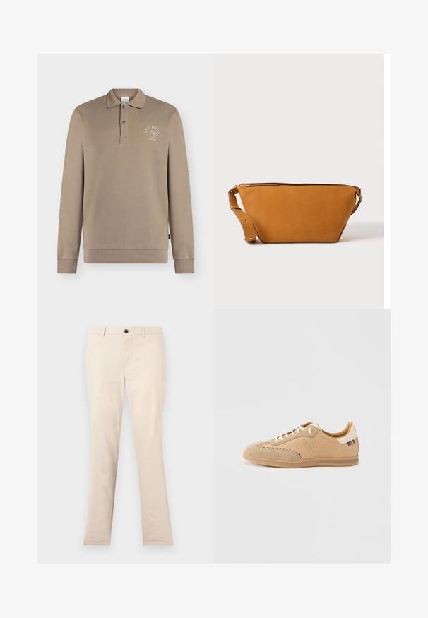 Polo beige à manches longues avec col boutonné et petit logo "LES DEUX" sur la poitrine gauche.; Pantalon beige à jambes droites avec passants de ceinture, bouton avant et fermeture éclair, présenté sur un fond clair uni.; Baskets en daim beige avec des détails perforés, des lacets crème et une semelle texturée marron clair, avec un accent de couleur contrastante au talon.; Sac bandoulière en cuir marron clair avec sangle réglable et fermeture éclair, présenté sur un fond clair uni.