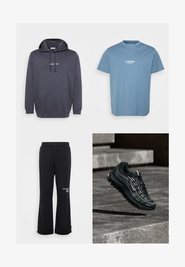 Mørkegrå hættetrøje med frontlomme, snoretræk til hætten og lille hvid tekst centreret på brystet.; Lyseblå T-shirt med korte ærmer med hvid tekstlogo "JJ Studios" centreret på brystet, rund halsudskæring og enkelt bomuldstof.; Sorte sweatpants med en afslappet pasform, lavet af blødt stof. Har en elastisk talje og sidelommer, samt et logo på det ene ben.; Sort og grå Nike Air Max sneaker, der flyder over grå betontrin med tekstureret jordbaggrund.