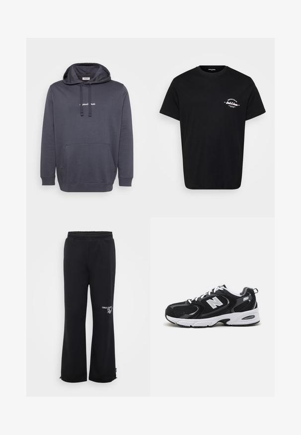 Mørkegrå hættetrøje med frontlomme, snoretræk til hætten og lille hvid tekst centreret på brystet.; Sort bomulds-T-shirt med rund hals, korte ærmer og et hvidt trykt logo på venstre bryst. Klassisk pasform og glat tekstur.; Sorte sweatpants med en afslappet pasform, lavet af blødt stof. Har en elastisk talje og sidelommer, samt et logo på det ene ben.; Sorte og grå sportssko med mesh og ruskind på overdelen, der har en hvid mellemsål, snørebånd og et iøjnefaldende "N" logo på siden.