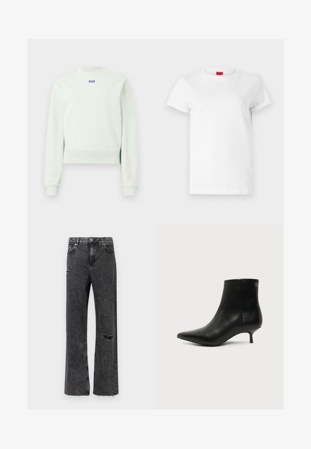 Lichtgroene longsleeve sweatshirt met ribgebreide manchetten, ribgebreide onderrand, ronde halslijn en een klein blauw "HUGO" logo gecentreerd onder de halslijn.; Witte T-shirt met korte mouwen, gemaakt van lichtgewicht katoen. Heeft een ronde hals en opgerolde mouwen. Rode merketiket op de kraag.; Wijd uitlopende jeans van gewassen zwarte denim, met een distressed kniedetail, rafelige zoom en een standaard knoopsluiting met zakken.; Zwart leren enkellaars met puntige neus en lage kittenhak op lichte achtergrond, zijaanzicht buitenkant.