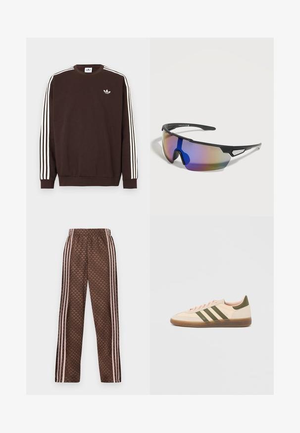 Mørkebrun Adidas-sweatshirt med hvide tre striber langs ærmerne og hvid Adidas trebladet logo på brystet.; Brune træningsbukser med lyserøde lodrette striber på siderne og et gentaget løvmønster over det hele, elastisk talje, lige ben pasform.; Beige Adidas Spezial sneaker med lav profil, grønne striber, gummisål og "SPEZIAL"-branding på siden, vist fra ydersiden.; Sportssolbriller med sort stel, enkelt buet regnbuefarvet linse og åbne trekantede sideventiler på hvid baggrund.