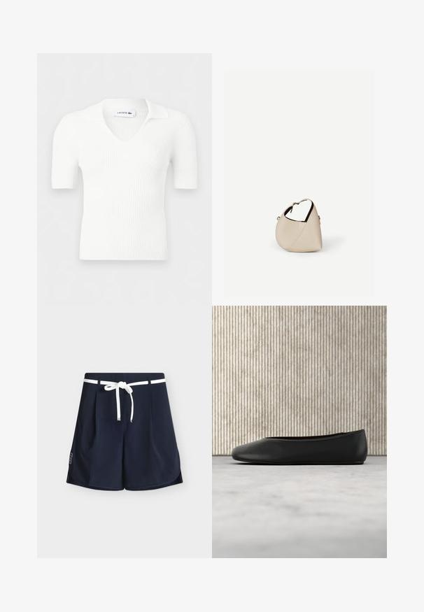 Haut tricoté blanc à manches courtes côtelées avec un col en V et un col, affichant une étiquette Lacoste à l'intérieur de l'encolure.; Short bleu marine avec un cordon blanc à nouer et des passants pour ceinture, avec un petit logo blanc sur la jambe gauche près de l'ourlet.; Ballerine en cuir noir avec un bout arrondi, texture lisse et un accent logo doré sur le côté. Placée au-dessus d'une surface réfléchissante.; Sac à main en cuir beige en forme de croissant avec une seule bandoulière et des coutures minimalistes, posé sur un fond blanc uni.