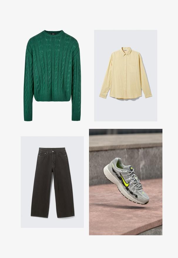 Suéter verde de punto trenzado con cuello redondo y mangas largas. Presenta un diseño corto y un patrón texturizado en toda la prenda.; Camisa amarilla de manga larga con botones, hecha de tela texturizada, con un bolsillo en el pecho, cuello puntiagudo y dobladillo redondeado. Etiqueta de la marca visible.; Los vaqueros de mezclilla negros de pierna ancha cuentan con una cintura alta, diseño de cinco bolsillos y un cierre de botones. La tela tiene un acabado suave y texturizado.; Zapatilla de correr Nike gris con detalles en negro y amarillo neón, suspendida en el aire sobre una superficie de concreto texturizada.