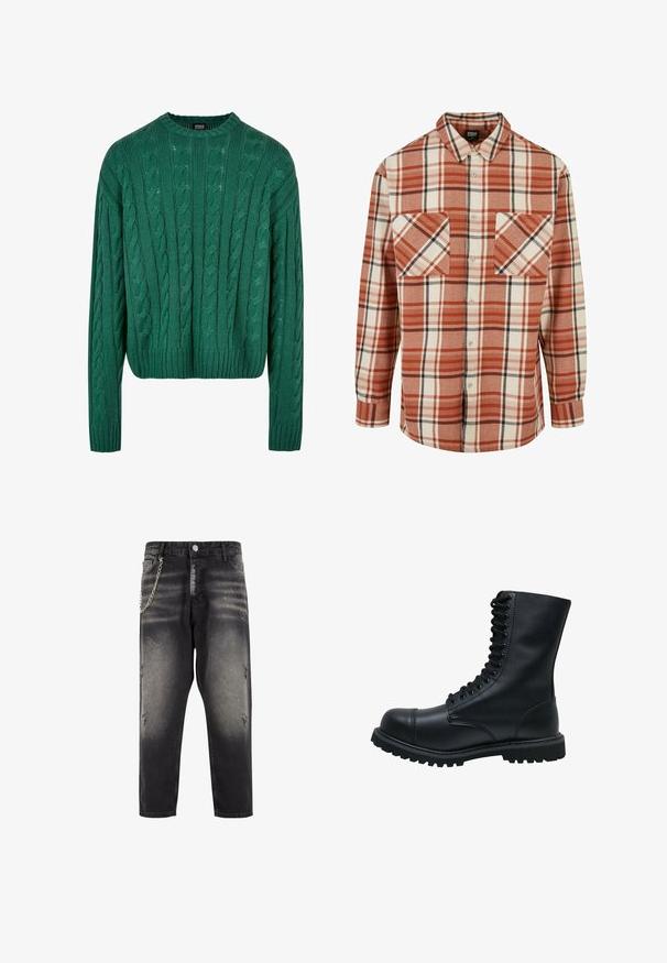 Grøn kabelstrikket sweater med rund hals og lange ærmer. Har et cropped design og struktureret mønster hele vejen igennem.; Rude skjorte i orange og creme med sorte accenter. Fremstillet af tekstureret stof med krave og to brystlommer.; Sorte denimbukser med slidt detaljer, afslappet pasform og en sølvkædeaccent på venstre side. Har en knaplukning og lommer.; Sort læder snørebåndsstøvle med rund tå, høj skaft, tyk gummisål og struktureret overflade. Har forstærket syning langs sømmene.