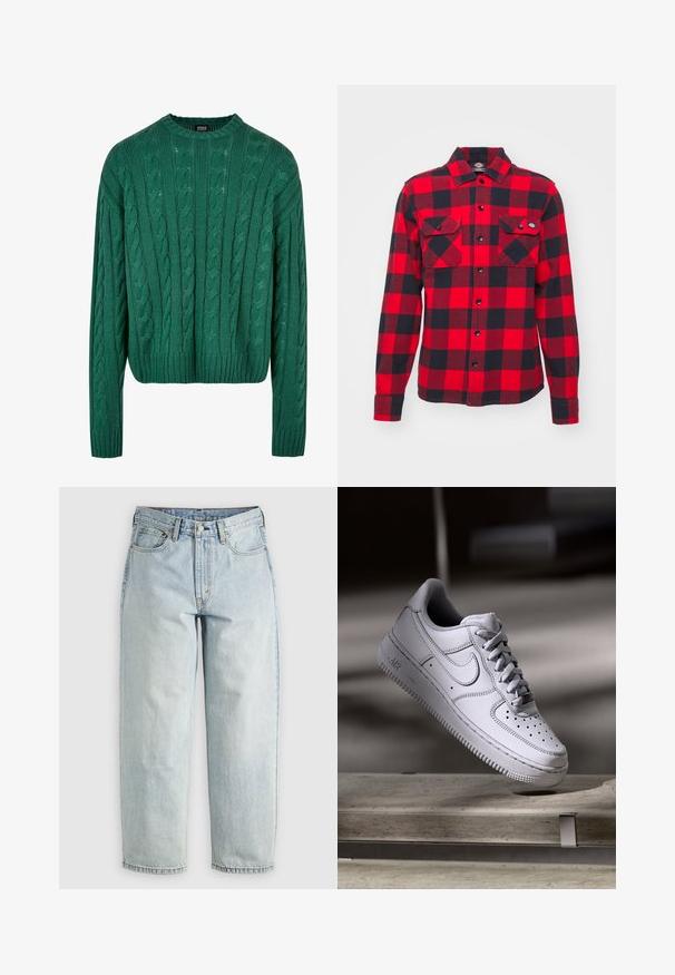 Grøn kabelstrikket sweater med rund hals og lange ærmer. Har et cropped design og struktureret mønster hele vejen igennem.; Rød og sort ternet flanelskjorte med lange ærmer, to brystlommer og knaplukning, med en klassisk krave og tekstureret stof.; Lysblå denimjeans med lige ben, fem lommer og knap-fly lukning; har slidte områder og subtile syninger.; Hvid læder Nike Air Force 1 sneaker med perforeret tå, flade snørebånd og tekstureret gummisål med "AIR" branding på siden.