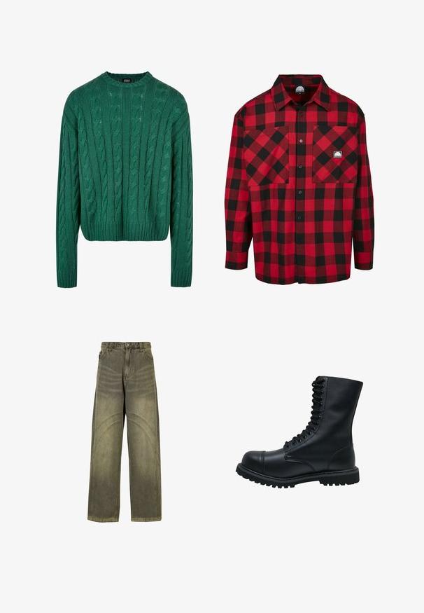 Pull en tricot vert avec un col rond et des manches longues. Présente un design court et un motif texturé sur l'ensemble.; Chemise en flanelle à carreaux rouge et noir avec des manches longues, fermeture à boutons, deux poches avant et un petit logo de marque sur la poche de la poitrine.; Jeans à jambes larges en denim vert olive, avec des accents de coutures courbes, une fermeture à bouton classique et une finition délavée.; Bottines en cuir noir à lacets avec un bout rond, une tige haute, une semelle en caoutchouc épaisse et une surface texturée. Comprend des piqûres renforcées le long des coutures.