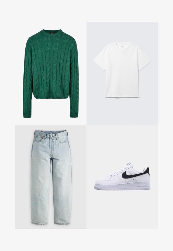 Groene kabelgebreide trui met een ronde hals en lange mouwen. Heeft een cropped ontwerp en een gestructureerd patroon over de hele trui.; Witte T-shirt met korte mouwen en ronde hals, plat gelegd, effen ontwerp, met een "WEEKDAY" label in de kraag op een lichte achtergrond.; Lichtblauwe denim jeans met een rechtBeen, vijf zakken en een knoopsluiting; heeft vervaagde gebieden en subtiele stikdetails.; Witte leren sneaker met een gestructureerde zwarte Swoosh, platte veters en een rubberen zool met een geribbeld patroon. "AIR" is in de hak geperst.