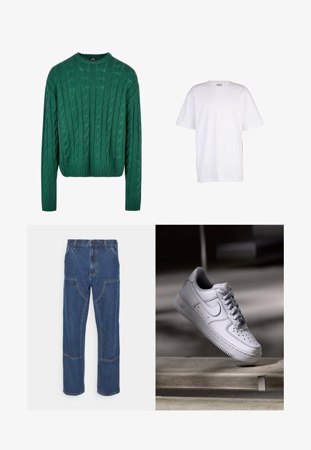 Suéter verde de punto trenzado con cuello redondo y mangas largas. Presenta un diseño corto y un patrón texturizado en toda la prenda.; Camiseta blanca lisa de algodón con mangas cortas, cuello redondo y ajuste holgado, mostrada sobre un fondo blanco.; Jeans de mezclilla azul con pierna recta, bolsillos frontales tipo parche y costuras en contraste. La tela tiene una textura y un acabado clásicos.; Zapatilla Nike Air Force 1 de cuero blanco que presenta una puntera perforada, cordones planos y una suela de goma texturizada con la marca "AIR" en el lateral.