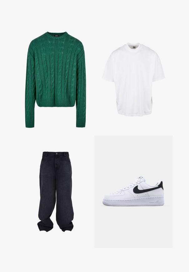 Grøn kabelstrikket sweater med rund hals og lange ærmer. Har et cropped design og struktureret mønster hele vejen igennem.; Hvid bomulds T-shirt med en afslappet pasform, korte ærmer og rund halsudskæring, med en lige kant og ingen synlige grafikker eller mønstre.; Sorte oversized løstsiddende jeans med knap- og lynlåsfrontlukning, forlommer og løse, brede ben.; Hvide lædersneakers med en struktureret sort Swoosh, flade snørebånd og en gummisål med et rillemønster. "AIR" er præget på hælen.