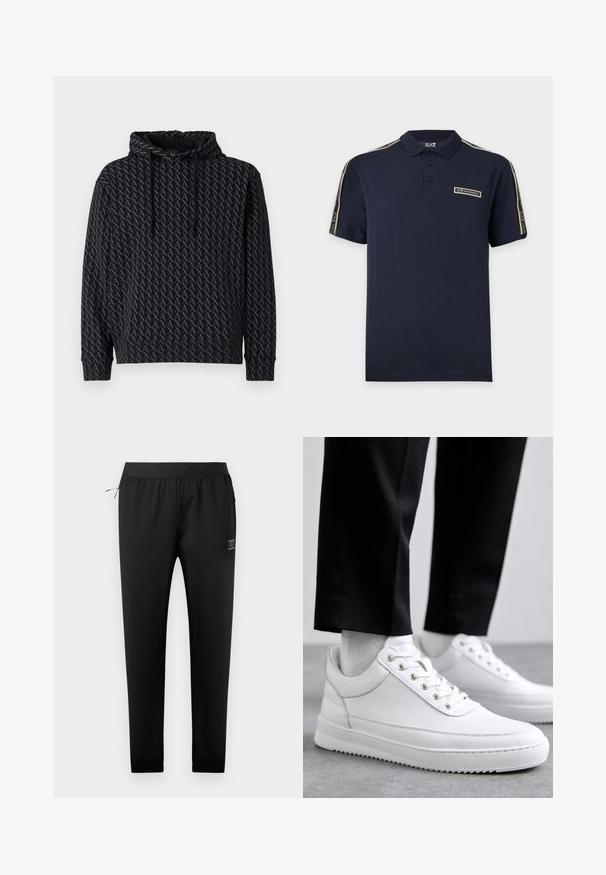 Mustaga kapuutsiga sweatshirt, millel on korduv halli logoga muster, paelaga kapuuts ja ribadest mansetid ning äär.; Tumesinine lühikeste varrukatega polosärk, millel on nööbitav krae ning bränditud EA7 Emporio Armani triibud õlgadel ja rinnal logoga plaastriga.; Mustad kitsenevad dressipüksid elastse vöökohaga, küljetasku lukuga ja väike ristkülikukujuline logomärk paremal reiel.; Valged nahast tennisetossud, millel on lame kummist tallapool, sile viimistlus, ümar varvas ja metallist silmadega paelte jaoks. Kantud mustade pükstega.