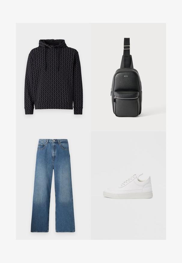 Hættetrøje i sort med et gentaget gråt logo-mønster, med snor til hætten og ribbede manchetter og kant.; Bredde ben blå denim jeans med et klassisk fem-lomme design, frontlukning med knap og let falming for tekstur.; Hvid lædersneaker med rundet tå, flad sål og snørebånd foran. Har syningsdetaljer og polstret krave for komfort.; Sort lædertaske med justerbar rem, lynlåslomme foran og "BOSS"-logo på en glat tekstureret overflade.