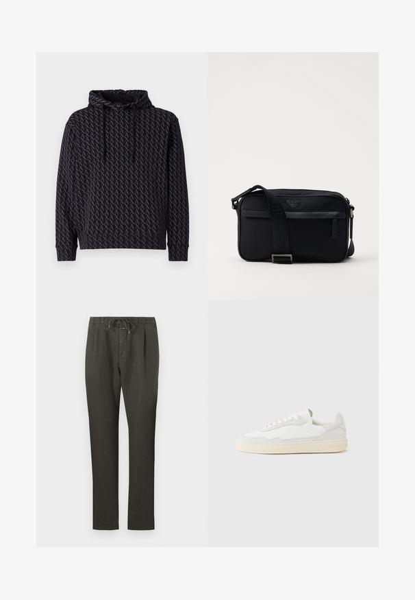 Sweatshirt à capuche noir présentant un motif de logo gris répétitif, avec une capuche à cordon de serrage et des poignets et un ourlet côtelés.; Pantalons en lin gris foncé avec taille à cordon. Design à jambe droite, tissu léger, peu de détails, et texture lisse.; Baskets blanches avec dessus en daim et cuir texturé. Caractérisées par un bout arrondi, une fermeture à lacets et une semelle en caoutchouc beige contrastante.; Sac à bandoulière en nylon noir avec une sangle contrastante, une forme rectangulaire élégante, un détail de logo et une poche zippée à l'avant.