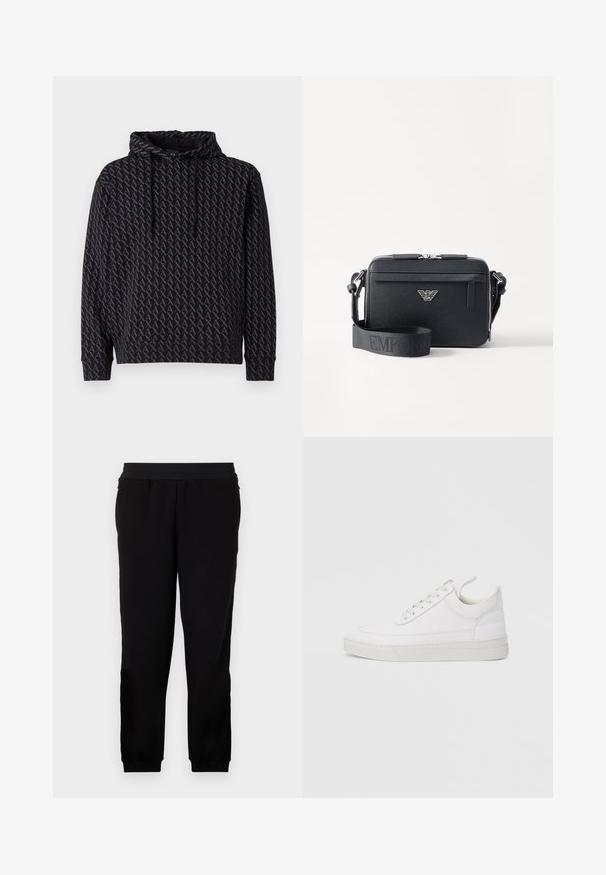 Hættetrøje i sort med et gentaget gråt logo-mønster, med snor til hætten og ribbede manchetter og kant.; Sorte sweatpants lavet af et blødt materiale, med et elastisk liv, tætsiddende manchetter og sidelommer for ekstra bekvemmelighed.; Hvid lædersneaker med rundet tå, flad sål og snørebånd foran. Har syningsdetaljer og polstret krave for komfort.; Sort crossbody taske lavet af tekstureret materiale. Har en lynlåslukning, en frontlomme med lynlås og en metallogo akcent. Inkluderer justerbar rem.