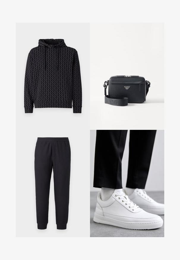 Zwarte hoodie met een herhalend grijs logo-patroon, voorzien van een trekkoordcapuchon en geribbelde mouwen en zoom.; Zwarte taps toelopende joggingbroek met elastische tailleband en boorden, voorzien van een subtiel textuurpatroon en zijzakken.; Witte leren sneakers met een platte rubberen zool, met een soepele afwerking, ronde neus en metalen oogjes voor de veters. Draag ze met een zwarte broek.; Zwarte crossbody tas gemaakt van gestructureerd materiaal. Beschikt over een ritssluiting, een voorzak met rits en een metalen logoaccent. Inclusief verstelbare schouderband.