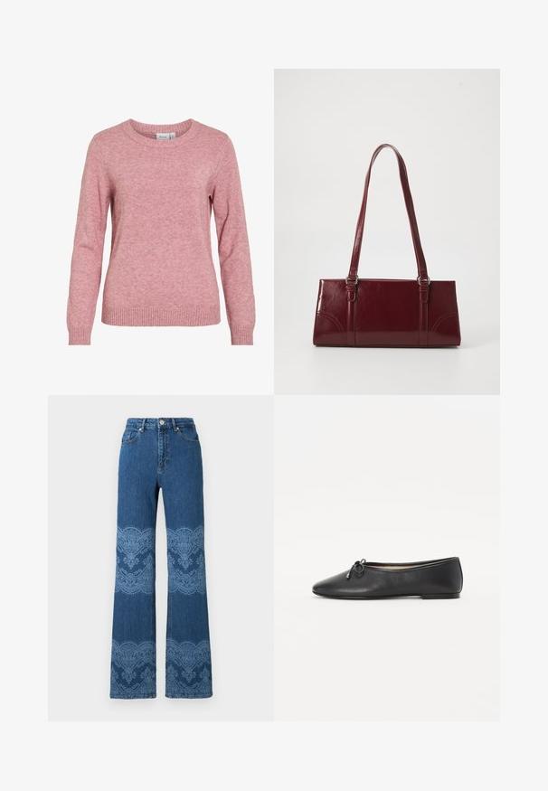 Pull en maille rose doux à manches longues, col rond et poignets et ourlet côtelés, étiqueté avec la marque "VILA" à l'intérieur du col.; Jeans bleus taille haute à jambes droites avec motifs floraux bleu clair et motifs en dentelle sur les cuisses et les mollets, boutons à l'avant et poches.; Ballerine en cuir noir avec un bout rond et un détail de nœud décoratif. Le design présente une texture lisse et un talon bas et plat.; Sac à main bordeaux en matériau brillant, de forme rectangulaire, avec deux anses et des accents légèrement courbés à l'avant.