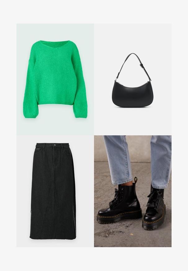 Pull en tricot vert à coupe décontractée, avec un col large et des manches longues. La texture est côtelée, présentant un motif de point épais.; Jupe en denim noire avec une taille haute, coupe droite et coutures angulaires uniques. Présente des fentes latérales et une fermeture à bouton à la taille.; Personne portant un jean bleu clair et des bottes à plateforme en cuir noir lacées avec des coutures jaunes sur un sol en béton.; Pieces PCALUANA SHOULDER BAG - Sac à main - black