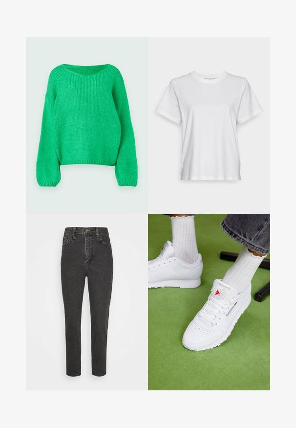 Groene gebreide trui met een losse pasvorm, brede halslijn en lange mouwen. De textuur is geribbeld en heeft een chunky stekenpatroon.; Witte katoenen t-shirt met korte mouwen, ronde hals en een ontspannen pasvorm. Soepele textuur, zonder patroontjes of graphics, basisontwerp.; Zwarte denim jeans met hoge taille en een slim fit, voorzien van een knoopsluiting, riemlussen en een klassieke vijf-pocket ontwerp.; Witte synthetische sneakers met geperforeerde neus, Reebok-branding en kenmerkend logo. Draagt met ribbelige witte sokken op een groene ondergrond.