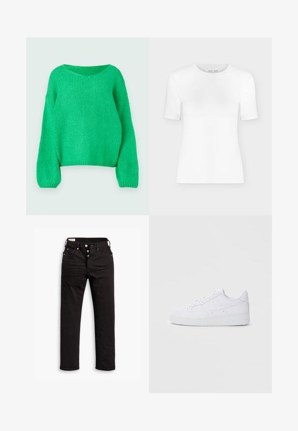 Groene gebreide trui met een losse pasvorm, brede halslijn en lange mouwen. De textuur is geribbeld en heeft een chunky stekenpatroon.; Wit T-shirt met korte mouwen en een ronde hals, een slanke pasvorm en geribbelde stof, weergegeven op een effen lichtgrijze achtergrond.; Zwarte rechtlopende jeans met knoopsluiting, voor- en achterzakken, en koperen klinknagels op een witte achtergrond.; Witte Nike Air Force 1 sneakers met een leren bovenwerk, ronde neus, vetersluiting, gewatteerde kraag en textuurrubberzool.