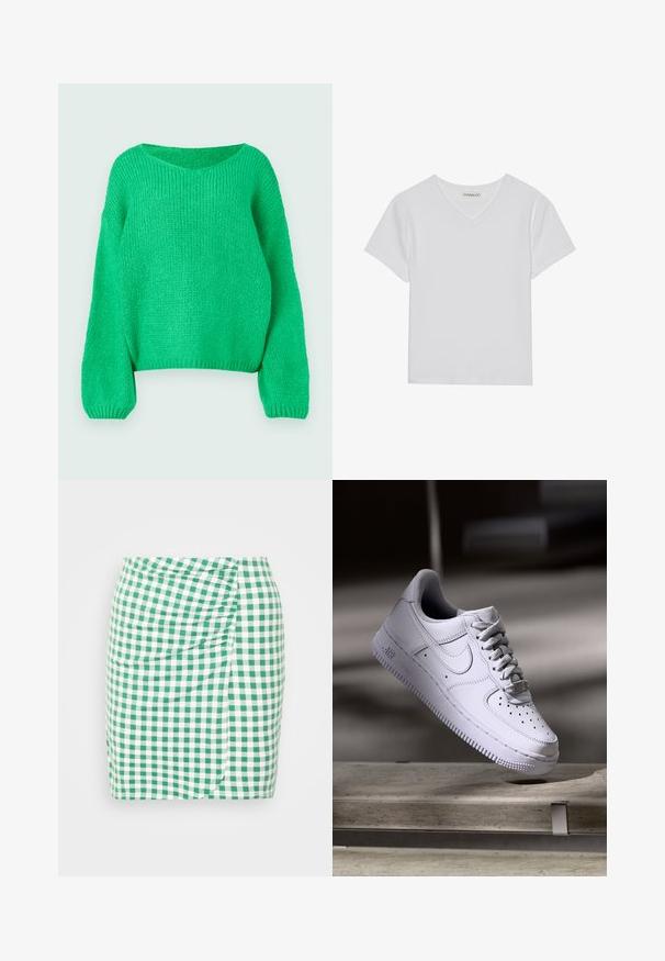 Grøn strikket sweater med løs pasform, bred halsudskæring og lange ærmer. Teksturen er ribbet og har et groft stingmønster.; Hvid kortærmet V-hals t-shirt lavet af ribbet stof. Har et rent design med en lige kant og minimal detaljer.; Even&Odd by Zalando Mini skirts - light green; Hvid Nike Air Force 1 sneaker svævende over en betonoverflade med skygger i et minimalistisk miljø.