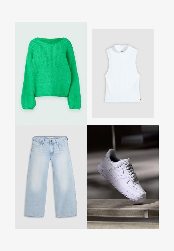 Suéter verde de punto con un corte holgado, escote ancho y mangas largas. La textura es acanalada, con un patrón de punto grueso.; Top blanco sin mangas de algodón con cuello redondo alto y pequeña etiqueta Levi's en el lado, mostrado sobre un fondo gris claro.; Jeans de pierna ancha en un suave tono azul, confeccionados en denim. Presentan corte recto, diseño de cinco bolsillos y un cierre de botón en la cintura.; Zapatilla Nike Air Force 1 blanca levitando sobre una superficie de hormigón con sombras en un entorno minimalista.