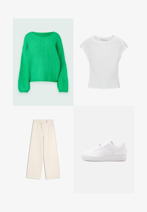 Groene gebreide trui met een losse pasvorm, brede halslijn en lange mouwen. De textuur is geribbeld en heeft een chunky stekenpatroon.; Witte katoenen T-shirt met korte, opgerolde mouwen, een ronde halslijn en een rechte zoom. Gladde textuur zonder zichtbare patronen of accenten.; Off-white wijde broek met steekzakken aan de voorkant, lussen voor een riem en zilveren knopen op de tailleband en de randen van de zakken.; Low-top witte sneaker met geperforeerde neus, vetersluiting, textuurschoen en een subtiel Swoosh-logo aan de zijkant.