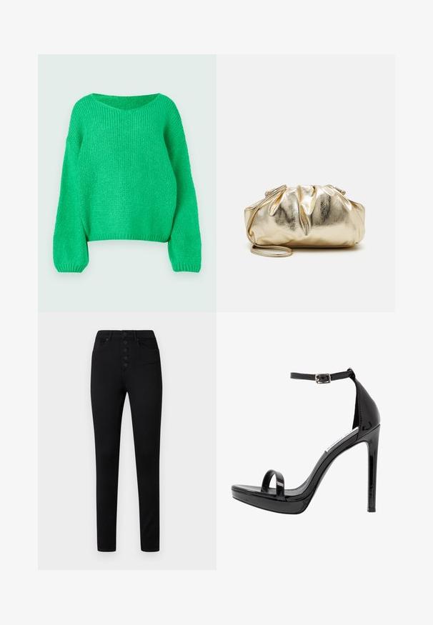 Groene gebreide trui met een losse pasvorm, brede halslijn en lange mouwen. De textuur is geribbeld en heeft een chunky stekenpatroon.; Zwarte high-waist jeans met een slanke pasvorm, voorzien van vijf knoopsluitingen, vijf zakken en een gladde denimtextuur.; Steve Madden MILANO - Sandalen met hoge hak - black; Gouden metallic clutchtas met een gekreukte textuur, zachte ronde vorm en een afneembare kettingriem. Kenmerkt zich door een geplooide afwerking aan de bovenkant.