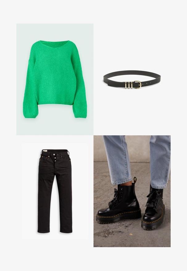 Groene gebreide trui met een losse pasvorm, brede halslijn en lange mouwen. De textuur is geribbeld en heeft een chunky stekenpatroon.; Zwarte rechtlopende jeans met knoopsluiting, voor- en achterzakken, en koperen klinknagels op een witte achtergrond.; Persoon draagt lichtblauwe spijkerbroek en zwarte leren veterplatformlaarzen met gele stiksels op een betonnen vloer.; Zwarte gestructureerde leren riem met een gouden metalen gesp met drie horizontale stangen en meerdere verstelgaten.