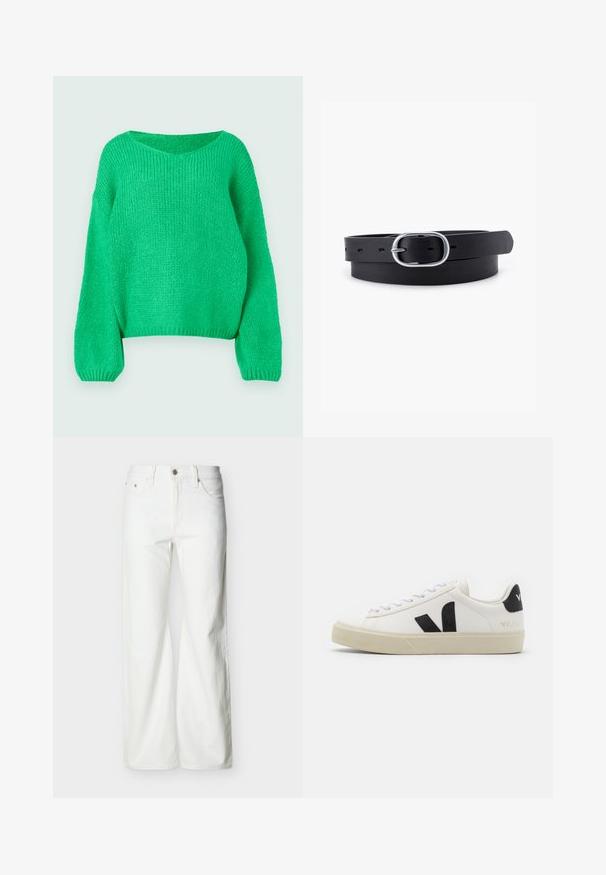 Groene gebreide trui met een losse pasvorm, brede halslijn en lange mouwen. De textuur is geribbeld en heeft een chunky stekenpatroon.; Witte jeans met rechte pijpen en hoge taille, voorzien van een knoopsluiting aan de voorkant, rits, en zij- en achterzakken, tegen een effen lichte achtergrond.; Witte leren sneaker met zwart rubberen V-logo. Getextureerde off-white zool, witte veters en een achterkant met een detail van de merknaam in het zwart.; Zwarte leren riem met een gladde textuur, ovaal zilveren metalen gespsluiting en meerdere verstelgaten langs de band. Platte, minimalistische uitstraling.