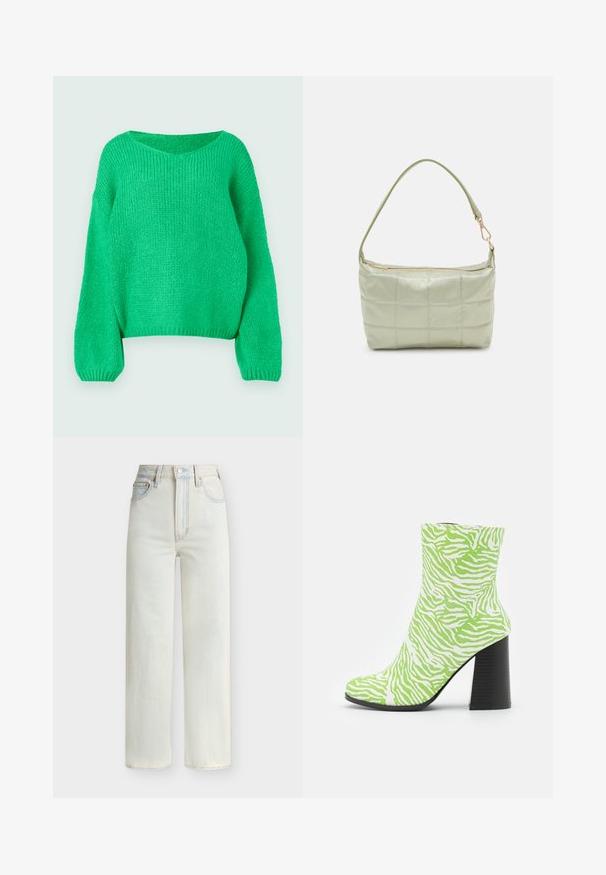 Pull en tricot vert à coupe décontractée, avec un col large et des manches longues. La texture est côtelée, présentant un motif de point épais.; Jean en denim bleu clair à taille haute avec jambe droite, boutons à l'avant, fermeture éclair et cinq poches.; Even&Odd by Zalando Bottines - green; Sac vert rembourré avec une texture douce, de forme rectangulaire, à une bandoulière, et fermeture à glissière dorée. Présente un motif matelassé.
