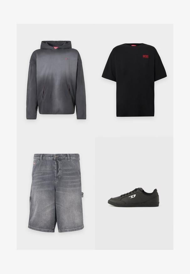 Sudadera con capucha de color gris oscuro con un pequeño logo rojo en el pecho y dos bolsillos delanteros, mostrada sobre un fondo blanco.; Camiseta negra de algodón, con mangas cortas, cuello redondo y un logo rojo de "DIESEL" en la zona izquierda del pecho.; Pantalones cortos de mezclilla gris con corte recto, cinco bolsillos y detalles cosidos. Cuentan con cierre de botón y una presilla lateral para ajuste.; Zapatillas deportivas negras sintéticas con suela negra texturizada, puntera redonda y cordones planos negros. Destaca un logo blanco en el lateral exterior.