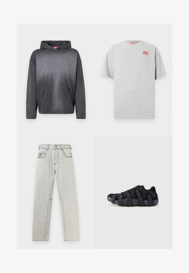 Sudadera con capucha de color gris oscuro con un pequeño logo rojo en el pecho y dos bolsillos delanteros, mostrada sobre un fondo blanco.; Camiseta de algodón gris con cuello redondo y mangas cortas. Presenta un pequeño logo rojo "DIESEL" en el pecho. Textura suave.; Vaqueros de mezclilla azul claro con corte recto, con costuras contrastantes, dos bolsillos frontales y detalles desgastados en la tela.; Zapatilla negra con suela acanalada exagerada, diseño con cordones y parte superior de mezcla de textil y ante, vista desde el lado exterior sobre un fondo blanco.