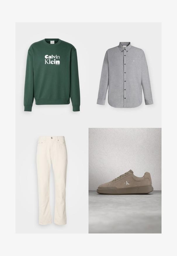 Grøn sweatshirt lavet af bomuldsblanding, med rund halsudskæring og ribbede manchetter. Viser hvid "Calvin Klein" logo på fronten.; Lysegrå skjorte med lange ærmer, knapper foran og knaplukket krave samt det lille "cK" logo broderet på venstre bryst.; Beige bomuldsjeans med et klassisk lige ben-design, der har en forreste knaplukning, fem lommer og diskrete syninger.; Beige ruskind sneakers med snørebånd og "ck" logo, vist svævende over poleret beton gulv med glasblokvæg i baggrunden.