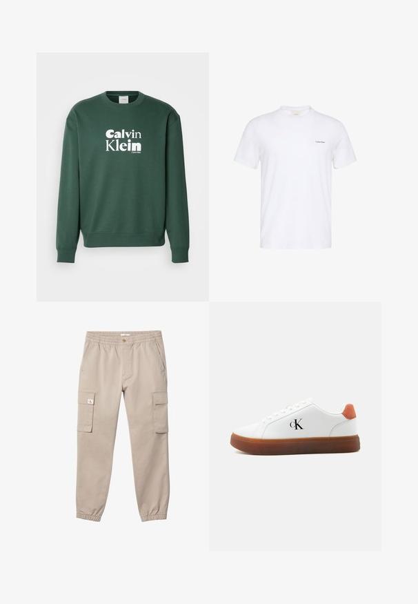 Grøn sweatshirt lavet af bomuldsblanding, med rund halsudskæring og ribbede manchetter. Viser hvid "Calvin Klein" logo på fronten.; Hvid T-shirt med korte ærmer og rund hals med lille sort Calvin Klein-logo på venstre bryst.; Beige cargobukser med elastisk talje og manchetter, knaplukning, sidelommer og klaplommer på begge lår. Lille logo på venstre lommesklap.; Hvid lavt snøresneaker med brun sål, orange hælstrop, snørebånd og "cK" logo på siden.