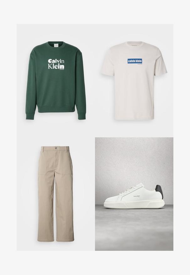 Groene sweatshirt van een katoenmix, met een ronde hals en ribgebreide manchetten. Toont het witte "Calvin Klein" logo op de voorkant.; Witte katoenen t-shirt met een blauw rechthoekig logo met "calvin klein" en "new york city" in witte tekst op de voorkant. Klassieke pasvorm.; Beige wijde broek van katoen; voorzien van voorzakken met klep, een knoopsluiting en zichtbare stiknaden langs de zoom.; Witte sneakers met een bovenwerk van glad leer, platte veters en een verhoogde witte zool. Heeft een zwart accent bij de hiel en een geprofileerd logo.