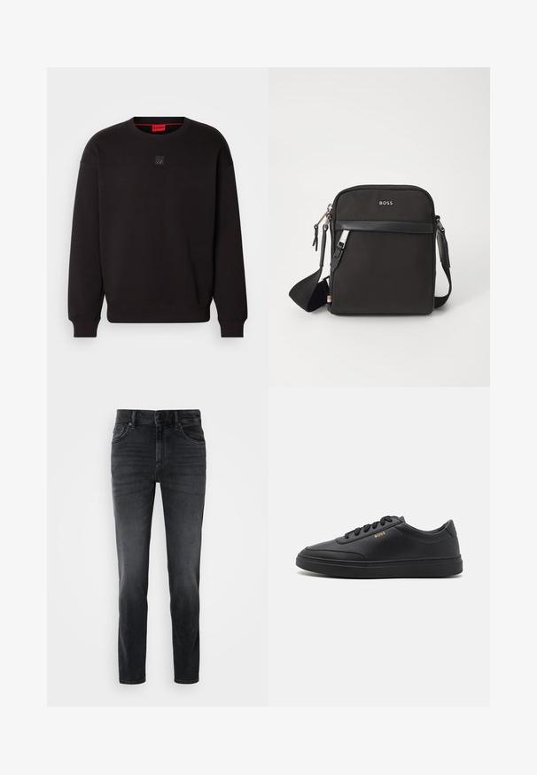 Schwarzer Sweatshirt aus weichem Material mit geripptem Rundhalsausschnitt und -bündchen. Ein kleines schwarzes Logo-Abzeichen befindet sich mittig auf der Brust.; Schwarze Jeans aus Denim mit schlanker Passform, mittelhohem Bund, klassischem Fünf-Taschen-Design und dezenten Verblassungen an den Beinen.; Schwarze Leder-Sneaker mit glatter Textur, runder Zehenpartie, flacher Gummisohle und einfarbigen Schnürsenkeln. Mit goldfarbenem "BOSS" Logo an der Seite.; Schwarze Umhängetasche aus strukturiertem Stoff, mit Logo auf der Vorderseite, Reißverschluss und verstellbarem Tragegurt. Verfügt über eine glatte Lederbesatz.