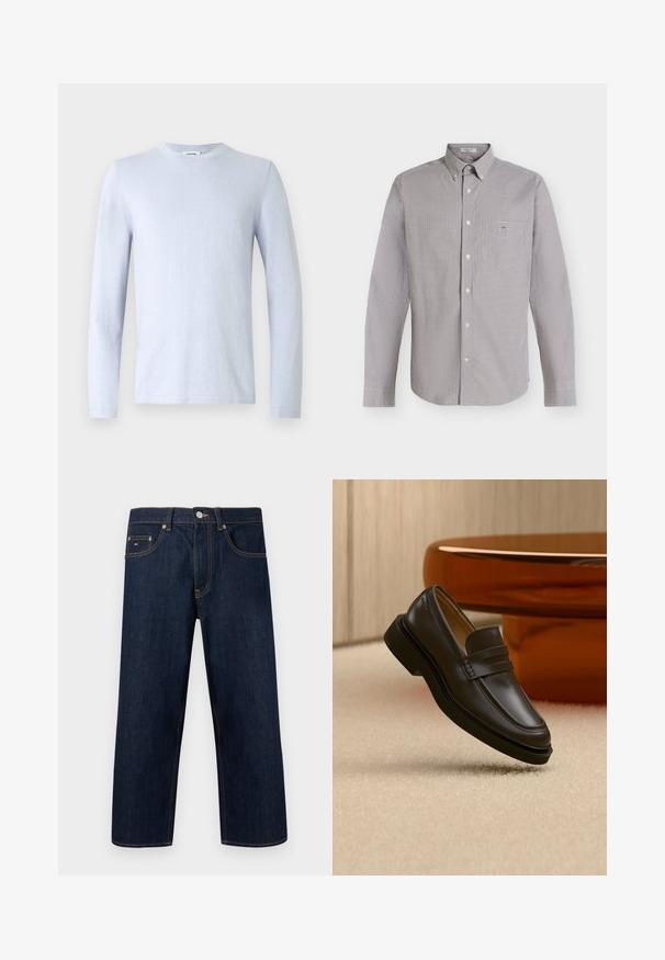 T-shirt à manches longues bleu clair en tissu lisse, avec un col rond et des coutures minimales, présentant un design simple sans motifs ni accents.; Chemise à manches longues boutonnée avec petit motif à carreaux noir et blanc et une poche poitrine sur fond clair.; Jean droit en denim bleu foncé avec cinq poches, coutures contrastantes orange, bouton argenté et petit logo sur la poche avant droite.; Mocassin en cuir noir flottant au-dessus d'un tapis beige avec des meubles arrondis marron en arrière-plan.