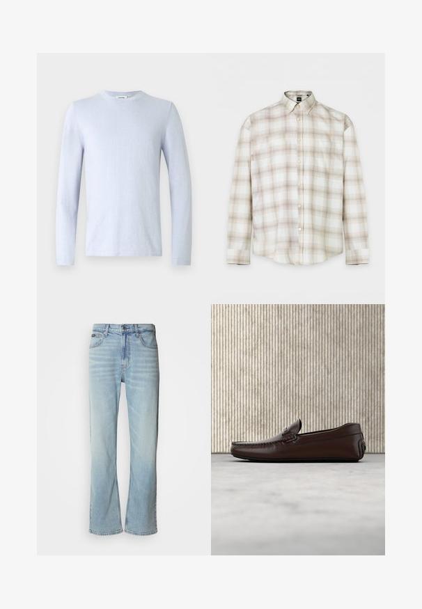 T-shirt à manches longues bleu clair en tissu lisse, avec un col rond et des coutures minimales, présentant un design simple sans motifs ni accents.; Chemise à manches longues avec boutons, motif à carreaux beige et marron clair et col pointu, posée à plat.; Jeans en denim bleu clair avec une coupe droite, dotés de cinq poches, d'une fermeture à bouton et d'une légère décoloration sur le tissu.; Mocassins en cuir marron avec une finition lisse, des coutures de style mocassin, un bout rehaussé et une semelle en caoutchouc basse et flexible.
