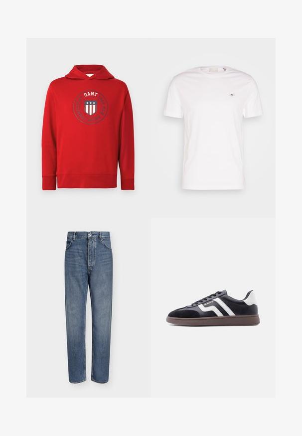 Sweat-shirt rouge en coton avec un logo représentant un bouclier, des étoiles et des rayures en marine et blanc. Il dispose d'une capuche avec cordon et de poignets côtelés.; T-shirt en coton blanc avec un col rond, des manches courtes et un petit logo brodé sur la poitrine. Texture douce, design simple.; Jean droit en denim bleu avec taille haute, fermeture à boutons sur le devant et design à cinq poches sur un fond clair uni.; Baskets noires en suède et matériau synthétique, avec des bandes diagonales blanches et une semelle brun texturée. Elles présentent un design à lacets et un col rembourré.