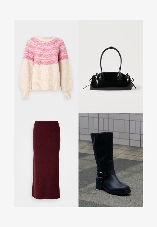 Pull en tricot présentant une base crème, avec un motif dégradé rose sur la poitrine et des manches amples. Ourlet et bords côtelés.; Jupe maxi en laine bordeaux avec une silhouette ajustée, une texture lisse et un ourlet droit. Sans fermetures ou embellissements visibles.; Botte en cuir noire mi-mollet avec un petit talon bloc et une bride décorative avec boucle métallique autour de la cheville, sur un trottoir carrelé.; Petit sac à main noir brillant avec deux longues anses et des détails à cordon sur les côtés sur un fond clair uni.