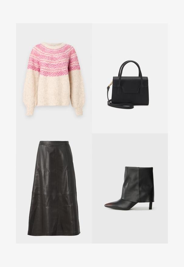 Suéter de punto con base crema, con un patrón degradado en rosa en el pecho y mangas-fluidas. Ribete acanalado en el dobladillo y en los puños.; Falda midi de cuero negro con una textura suave, que presenta costuras verticales y una silueta recta. Sin herrajes ni acentos visibles.; Botín negro de piel lisa con punta afilada y tacón cónico. La parte superior presenta un diseño ligeramente fruncido.; Bolso estructurado negro de cuero con un asa superior, correa de hombro desmontable y un detalle de tapa en la parte frontal. Acentos en dorado.